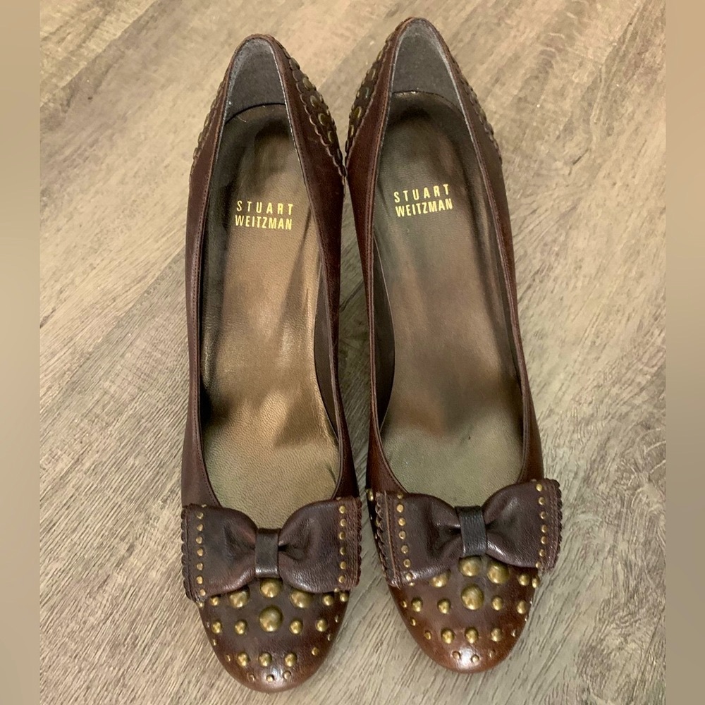 Stuart Weirzman Vintage Y2K Office siren Brown Leather Studded Bow Heels… - Picture 3 of 15